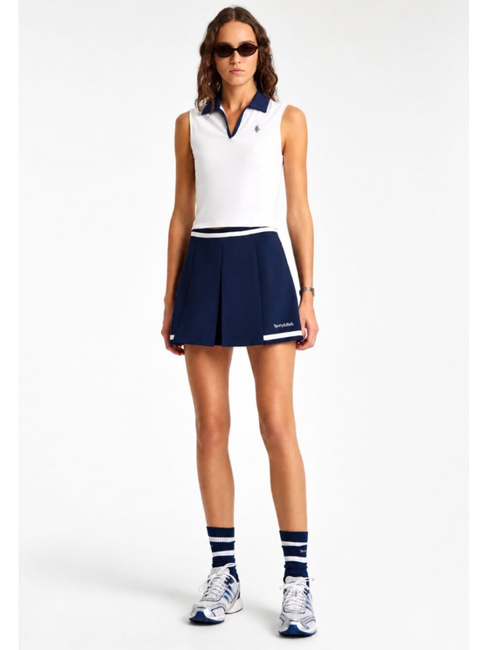 Sporty & Rich Serif Logo Mila Skirt Navy XS Tennis Preppy Athleisure Mini Skirt